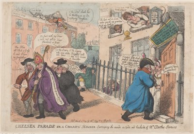 Chelsea Parade eller en krokande medlem som undersöker insidan och baksidan av ..., 4 mars 1809. av Thomas Rowlandson