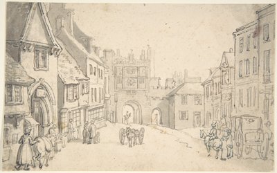 Stadsvy med medeltida port (kanske York) av Thomas Rowlandson