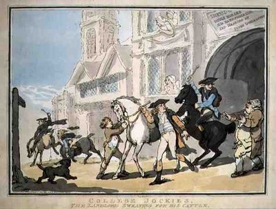 "College Jockies, hyresvärden som svettas för sin boskap", pub. av E. Jackson av Thomas Rowlandson
