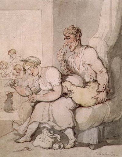 Darning The Sock (penna och bläck, akvarell) av Thomas Rowlandson
