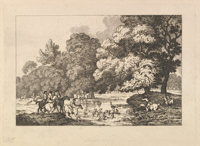 Hjortjakt – En landskapsbild med hjort och jakthundar vid en flod av Thomas Rowlandson