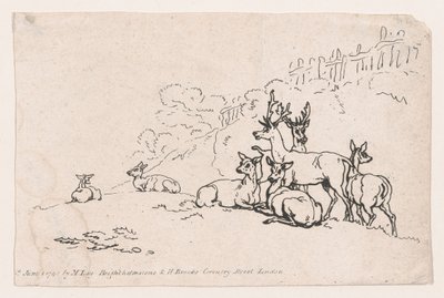 Rådjur från tavla 3, konturer av figurer, landskap och nötkreatur...för användning av Le..., 1 juni 1790. av Thomas Rowlandson