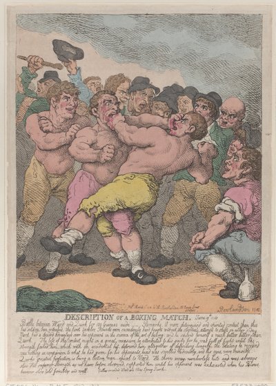 Beskrivning av en boxningsmatch mellan Ward och Quirk för 100 Guineas per sida, Marc..., 1 mars 1812. av Thomas Rowlandson