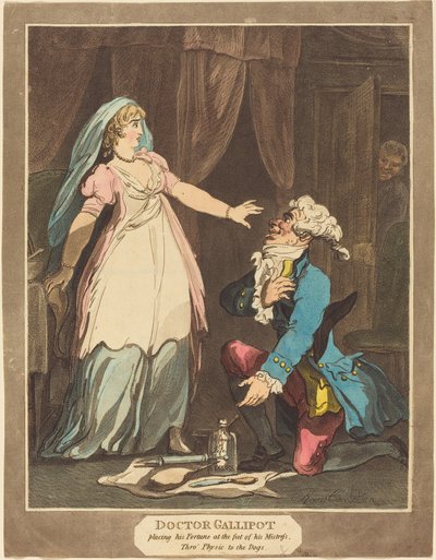 Doktor Gallipot placerar sin förmögenhet vid fötterna av sin älskarinna av Thomas Rowlandson