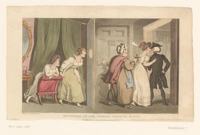 Doctor Syntax leds genom en dörr av två kvinnor av Thomas Rowlandson