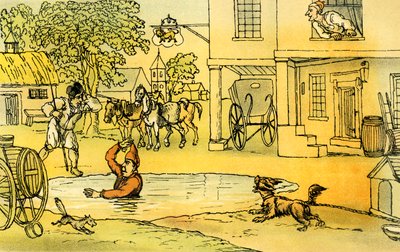 "Dr Syntax roade med Pat i dammen" av Thomas Rowlandson