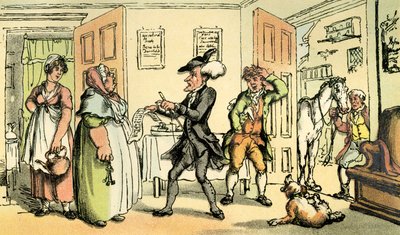 "Dr Syntax bestrider sin räkning med hyresvärdinnan" av Thomas Rowlandson
