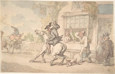 Dr. Syntax med en motsträvig häst framför ett värdshus av Thomas Rowlandson