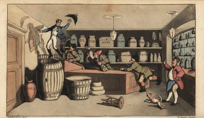Full Johnny förföljd av nattväktare i en livsmedelsbutik på väg att ramla ner i en smörtunna. Handkolorerad kopparstick av W. Läst efter en illustration av Thomas Rowlandson från Alfred Burtons The Adventures of Johnny Newcombe in the Navy, Si av Thomas Rowlandson