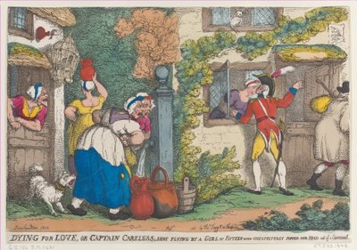 Dying for Love, eller Captain Careless, skjuten flygande av en flicka på femton som oväntat poppar..., 1810. av Thomas Rowlandson