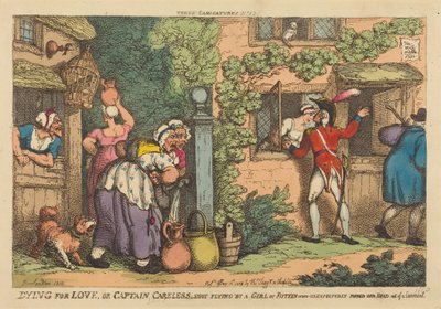 Att dö för kärlek, eller Kapten Careless som blev skjuten i farten av en femtonårig flicka som oväntat stack ut huvudet genom ett fönster av Thomas Rowlandson