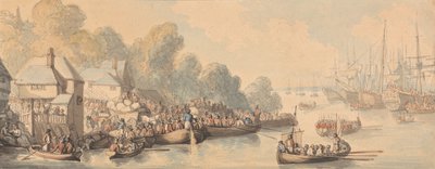 Ombordstigning i Southampton, 20 juni 1794 (akvarell och penna och brunt, grått och rödbrunt bläck över grafit på medium, lätt texturerat, krämvävt papper) av Thomas Rowlandson