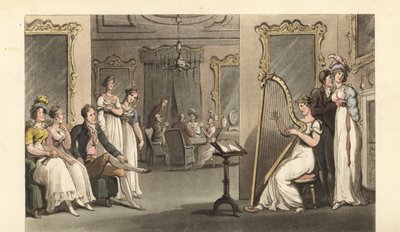 Engelsk gentleman och damer som lyssnar på en harpist på en bal av Thomas Rowlandson