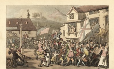 Engelsk gentleman buren i en sedanstol för ett val av Thomas Rowlandson