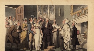 Engelsk gentleman som gifter sig med sin brud i ett ståtligt hem av Thomas Rowlandson