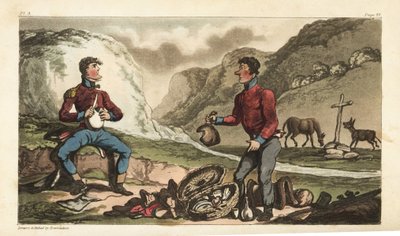 Fänrik Johnny Newcome och hans Subaltern äter frukost med skinka, nötkött, kex och konjak vid en vägkant i Portugal. Handfärgad kopparstick tecknad och etsad av Thomas Rowlandson från överste David Roberts The Military Adventures of Johnny Newc av Thomas Rowlandson