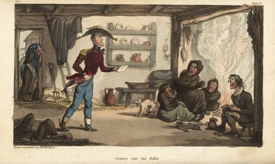 Fänrik Johnny Newcome anländer till sin Subalternters biljett i Portugal, ett hål med smutsiga tiggare. Handfärgad kopparstick tecknad och etsad av Thomas Rowlandson från överste David Roberts The Military Adventures of Johnny Newcome, Martin, Lo av Thomas Rowlandson