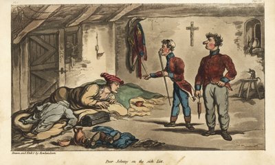 Fänrik Johnny Newcome har dysenteri på sin biljett i Medina, Spanien. Handfärgad kopparstick tecknad och etsad av Thomas Rowlandson från överste David Roberts The Military Adventures of Johnny Newcome, Martin, London av Thomas Rowlandson
