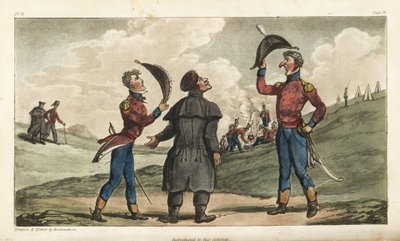 Fänrik Johnny Newcome introducerades för översten av sitt regemente före slaget vid Salamanca. Handfärgad kopparstick tecknad och etsad av Thomas Rowlandson från överste David Roberts The Military Adventures of Johnny Newcome, Martin, London av Thomas Rowlandson