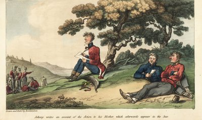 Fänrik Johnny Newcome skriver ett brev till sin mamma som beskriver slaget vid Salamanca av Thomas Rowlandson