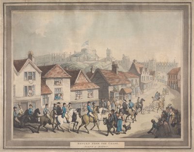 Rävjakt [serie om fyra]:  4. Återkomsten från jakten. / Scen vid Eaton av Thomas Rowlandson