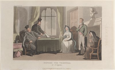 Frontispice: Before the Tribunal at Avignon, från Journal of Sentimental Travels in the ..., 1821. av Thomas Rowlandson