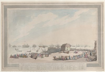 ”Den nederländska flottans storslagna nederlag den 10 oktober 1797”, av amiralerna Lord Duncan och Sir Richard Onslow, med en på plats tecknad vy av de sex nederländska linjeskeppen som erövrades och fördes till Yarmouth av Thomas Rowlandson
