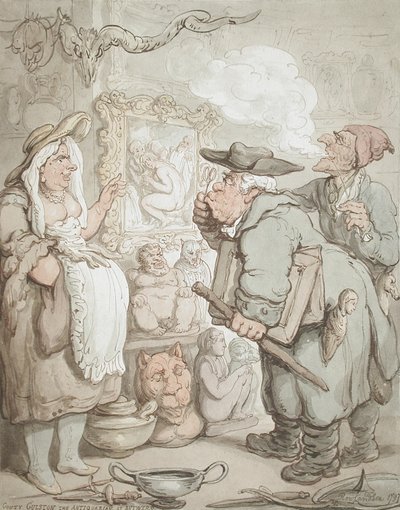 Gouty Gulston, antikvitetshandlaren i Antwerpen av Thomas Rowlandson