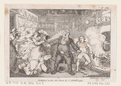 Värdinna släpper ut en panna med blod i ansiktet på Parson Andrews, från The Adventures of..., 1792. av Thomas Rowlandson