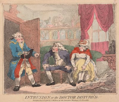 Intrusion or the Doctor Disturbd, pub. 1786 (handfärgad gravyr) av Thomas Rowlandson