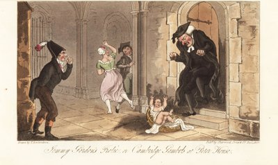 James Gordon, en beryktad berusad berusning från Cambridge, lämnar en bebis som ett spratt framför huset till en universitetsdekanus. Jemmy Gordons Frolic, eller Cambridge Gambols på Peter House. Handfärgad kopparplåt tecknad och graverad av Thomas Rowland av Thomas Rowlandson