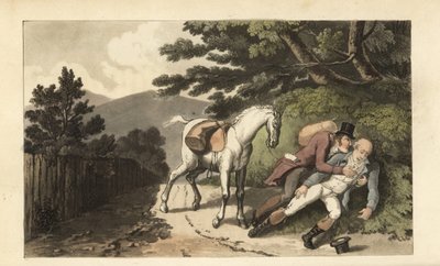 Johnny hjälper en resenär som har kastats från sin häst. Handkolorerad kopparstick av Thomas Rowlandson från William Combes The History of Johnny Quae Genus, the Little Foundling of the late Doctor Syntax. av Thomas Rowlandson
