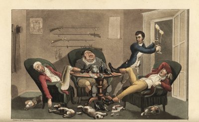Johnny vid en sportfinal: Johnny med ljusstakar lämnar tre berusade jägare sova i en matsal med tomma vinflaskor och sovande hundar. Handkolorerad kopparstick av Thomas Rowlandson från William Combes The History of Johnny Quae av Thomas Rowlandson