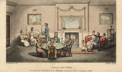 Johnny uppvaktar Maria i en salong medan andra spelar kort och sjunger sånger framför härden. Handkolorerad kopparstick av W. Läst efter en illustration av Thomas Rowlandson från Alfred Burtons The Adventures of Johnny Newcombe in the Navy, Si av Thomas Rowlandson