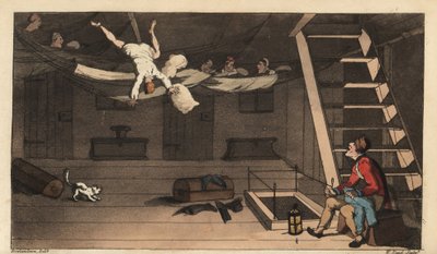 Johnny ramlar ur sin hängmatta i sin stuga. Handkolorerad kopparstick av W. Läst efter en illustration av Thomas Rowlandson från Alfred Burtons The Adventures of Johnny Newcombe in the Navy, Simpkin, London av Thomas Rowlandson