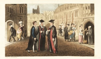 Johnny i kläder pratar med Dons vid Oxford University, medan andra forskare och studenter köper majs från livsmedelsaffärer och angriper pigor. Handkolorerad kopparstick av Thomas Rowlandson från William Combes The History of Johnny Quae Genus, the Little  av Thomas Rowlandson