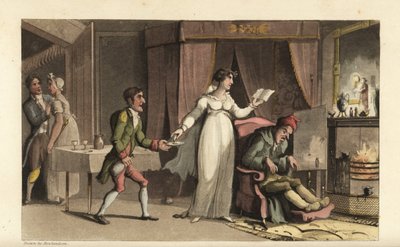 Johnny i tjänst hos snålen John Squeeze och hans försiktiga systerdotter Amelia Squeeze. Johnny tar med ett glas medicin till den döende gubben. Handkolorerad kopparstick av Thomas Rowlandson från William Combes The History of Johnny Quae Genus, th av Thomas Rowlandson