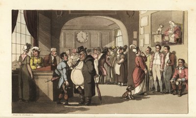 Johnny söker arbete på ett registerkontor för hemtjänstemän. Män och kvinnor med monokler undersöker bärare, pigor och annan personal. Handkolorerad kopparstick av Thomas Rowlandson från William Combes The History of Johnny Quae Genus, the Lit av Thomas Rowlandson