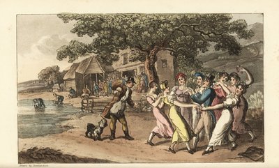 Johnny spelar sin flöjt på en fårklippningsfestival, omgiven av dansande countrytjejer. Herdar klipper får i en lada och tvättar dem i en damm. Handkolorerad kopparstick av Thomas Rowlandson från William Combes The History of Johnny Quae Gen av Thomas Rowlandson