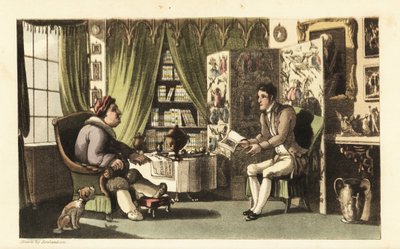 Johnny läser för Sir Jeffery Gourmand i hans arbetsrum. Handkolorerad kopparstick av Thomas Rowlandson från William Combes The History of Johnny Quae Genus, the Little Foundling of the late Doctor Syntax. av Thomas Rowlandson