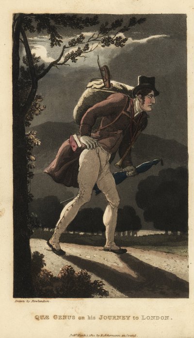 Johnny går på den månbelysta vägen till London. Han har en ryggsäck med fiol, en bok i rockfickan och bär ett paraply. Handkolorerad kopparstick av Thomas Rowlandson från William Combes The History of Johnny Quae Genus, the Little Found av Thomas Rowlandson