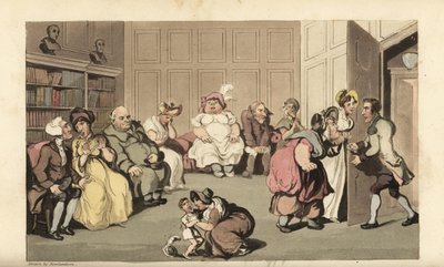Johnny med andra patienter i kvacksalvaredoktorn Anodynes väntrum. Handkolorerad kopparstick av Thomas Rowlandson från William Combes The History of Johnny Quae Genus, the Little Foundling of the late Doctor Syntax. av Thomas Rowlandson