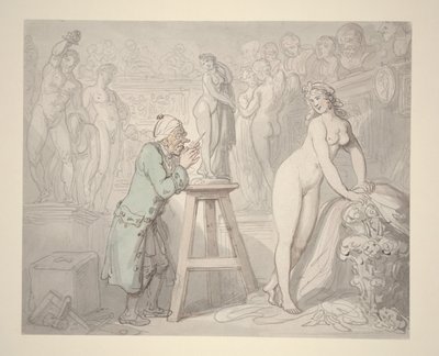 Joseph Nollekens i sin ateljé, ca 1810 (penna, bläck och akvarell på papper) av Thomas Rowlandson