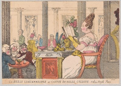 La Belle Liminaudiere på Cafe de Mille Colonne, Palais Royal, Paris, pub. 1814 (handfärgad gravyr) av Thomas Rowlandson