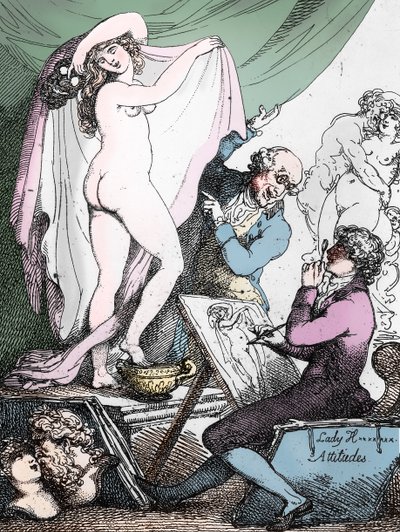 Lady Hamiltons attityder, ca 1790 (etsning) (svartvitt foto) av Thomas Rowlandson
