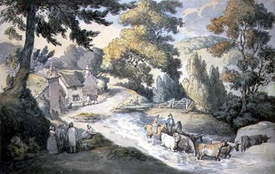 Landskap med boskap som springer en ström av Thomas Rowlandson