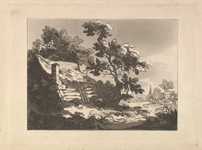 Landskap med en stuga bland träden till vänster och en kyrktornspets i fjärran till höger av Thomas Rowlandson