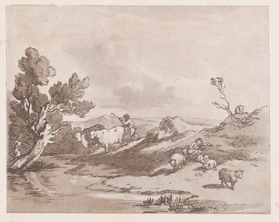 Landskap med en figur som vallar boskap till vatten, 21 maj 1789, 21 maj 1789. av Thomas Rowlandson