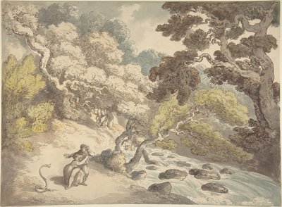 Landskap med en forsande bäck och ett par på stranden, som skrämts av en orm av Thomas Rowlandson