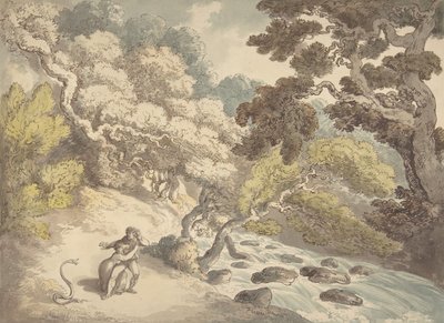 Landskap med forsande bäck och ett par på stranden, skrämd av en orm, 1775-1827. av Thomas Rowlandson
